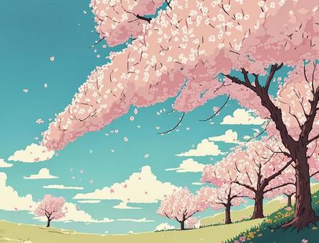 Illustration of pop-style cherry blossoms and fields, , JPG