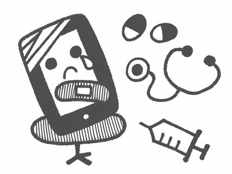 スマホの故障・修理イメージ（白黒） スマホ,スマートフォン,携帯電話,故障,壊れる,修理,直す,イメージ,擬人化,涙のイラスト素材