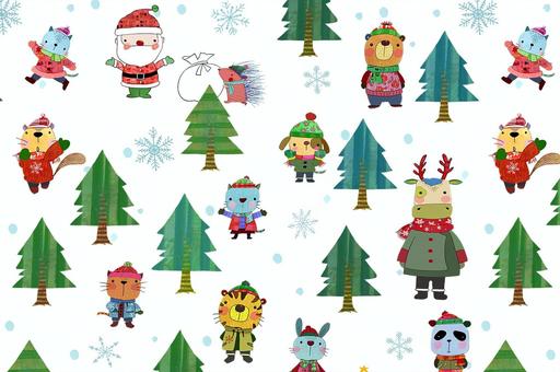 クリスマスパターン クリスマス,動物,包装紙,クリスマスツリー,冬セール,フレーム,雪,冬,植物,テキスタイルのイラスト素材