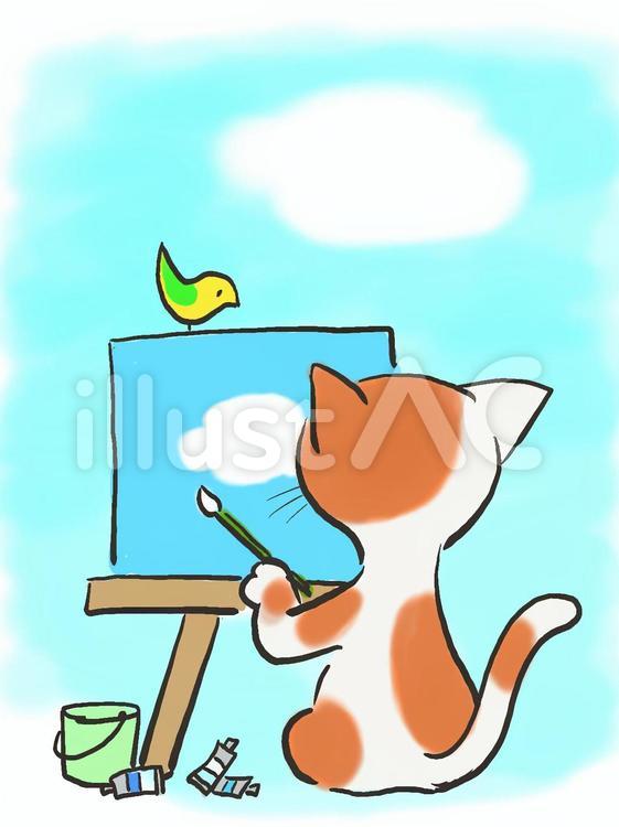 絵かきねこ1 ねこ,小鳥,絵描きのイラスト素材