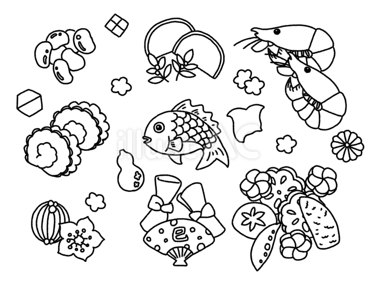 手描き　おせち　線画　黒 正月,めでたい,祝のイラスト素材