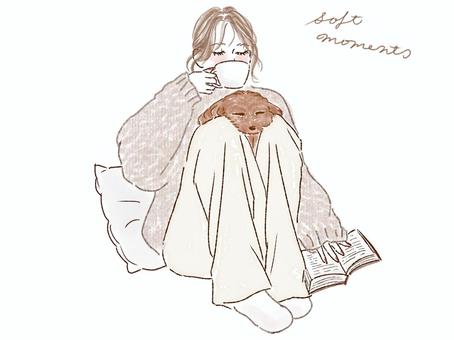 読書するニットの女性の膝の間に挟まる犬 女性,犬,コーヒー,本,クッション,読書,飲む,ニット,ペット,カップのイラスト素材