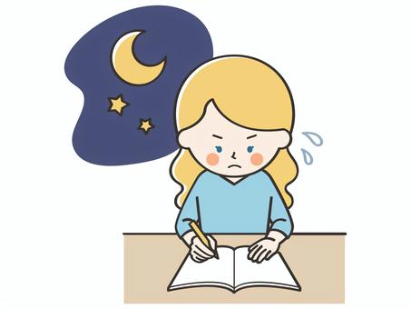 夜に試験勉強をする白人女性 女性,外国人,留学生,勉強,宿題,学習,学ぶ,学び,テスト,課題のイラスト素材