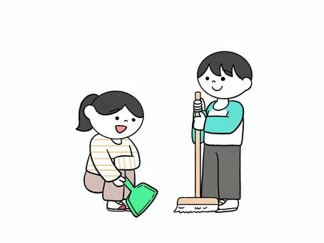 掃き掃除をする児童たち 小学校,学校,掃除,ほうき,ちりとり,大掃除,児童,男の子,女の子のイラスト素材