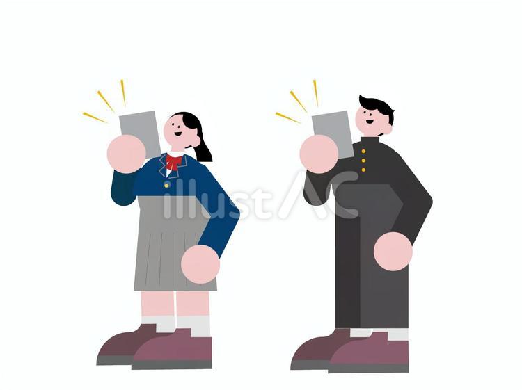 携帯の画面を確認する男の子と女の子セット 学生,スマホ,おしゃれのイラスト素材