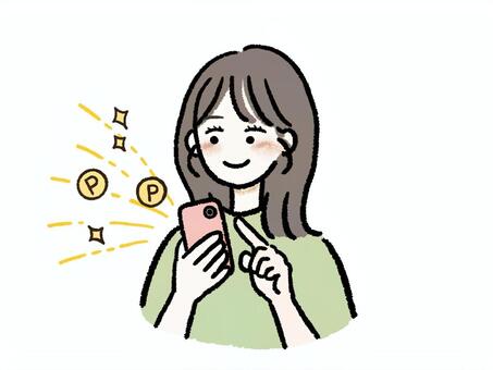 スマホでポイ活する女性 女性,ポイ活,ポイント,スマホ,スマートフォン,コイン,携帯,携帯電話,ゲット,アプリのイラスト素材