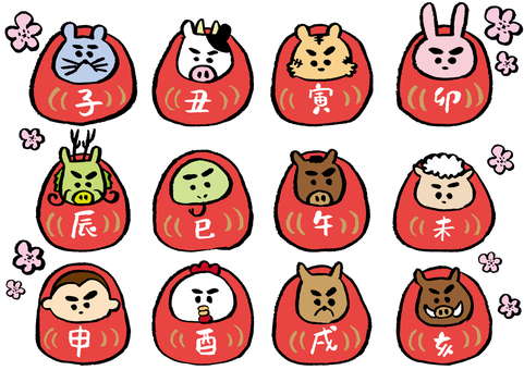 十二支だるま 十二支,干支,だるま,かわいい,手書き,落書き,年賀状,冬,子,丑のイラスト素材