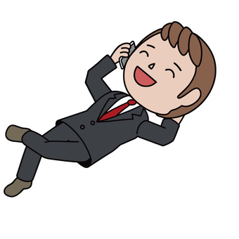 サボる人 スマホ,通話,休憩,笑顔,寝転ぶ,リラックス,終業,男性,スーツ,ビジネスのイラスト素材