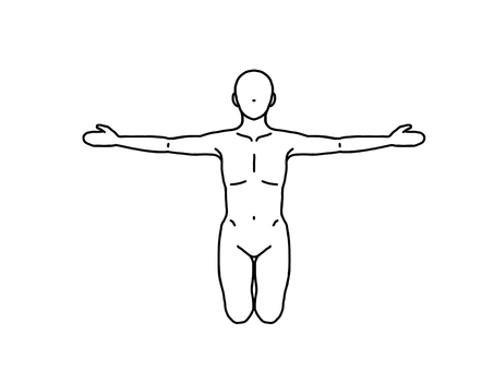 両腕を広げ足を閉じて膝立ちする人 膝立ち,正面,胸を開く,エクササイズ,線画,白黒のイラスト素材