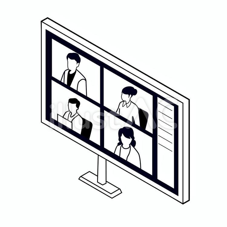 オンライン会議＿テレワーク（線画） テレワーク,アイソメトリック,線画のイラスト素材