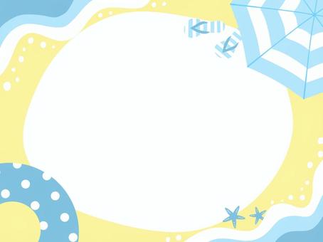 夏のビーチフレーム 夏,海,ビーチ,フレーム,パラソル,浮き輪,砂浜,波,貝殻,サンダルのイラスト素材