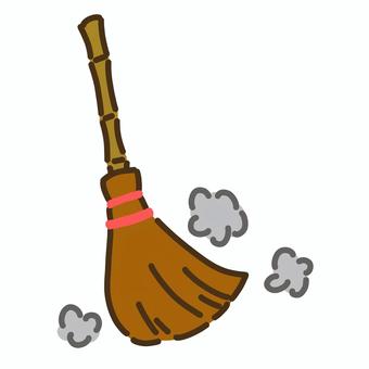 赤色のヒモで縛られた竹製の柄のほうき３ ほうき,道具,掃除道具,掃除,竹,茶色,黄土色,埃,灰色,赤のイラスト素材