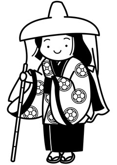 旅装束-1c 壺装束,旅装束,平安,旅,着物,市女笠,笠,昔,杖,笑顔のイラスト素材
