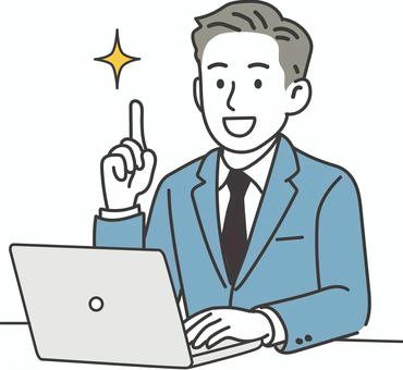 パソコンの前でアイディアを思いつく男性 男性,思い付く,アイディア,会社員,ビジネス,やる気,希望,前向き,サラリーマン,元気のイラスト素材