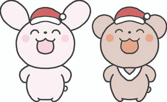 サンタ帽子を被ったうさぎとくまのセット クリスマス,サンタ帽,サンタクロース,12月,おたより,クリスマス会,クリスマスカード,ツキノワグマ,うさぎ,ピンクのイラスト素材