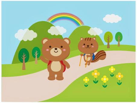 Illustration, squirrel, bear, hiking, 