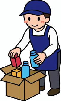 仕分けする紺のスタッフです。 段ボール,仕分け,シンプル,スタッフ,店員,従業員,倉庫,荷物,検品,分類のイラスト素材