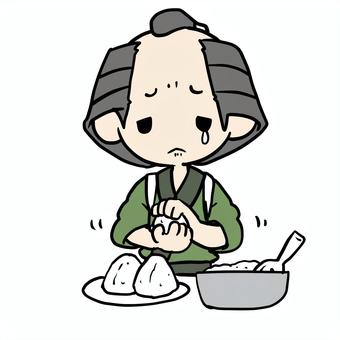 おにぎりを握る泣く町民 町民,おにぎり,握る,泣く,涙,悲しい,不満,不安,つらい,やりたくないのイラスト素材