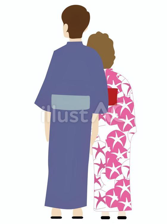 浴衣姿のお似合いのカップル  後ろ姿,浴衣,カップルのイラスト素材
