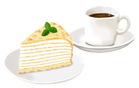 ミルクレープと白いカップのコーヒー ミルクレープ,ケーキ,コーヒー,喫茶,カフェ,おやつ,甘い,美味しい,スイーツ,イラストのイラスト素材