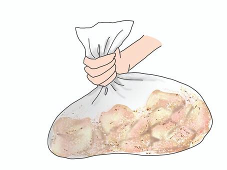ビニール袋で唐揚げのの下味をつける 唐揚げ,手作り,ビニール袋,下味,揉みこむ,肉,衣,スパイス,粉,味付けのイラスト素材