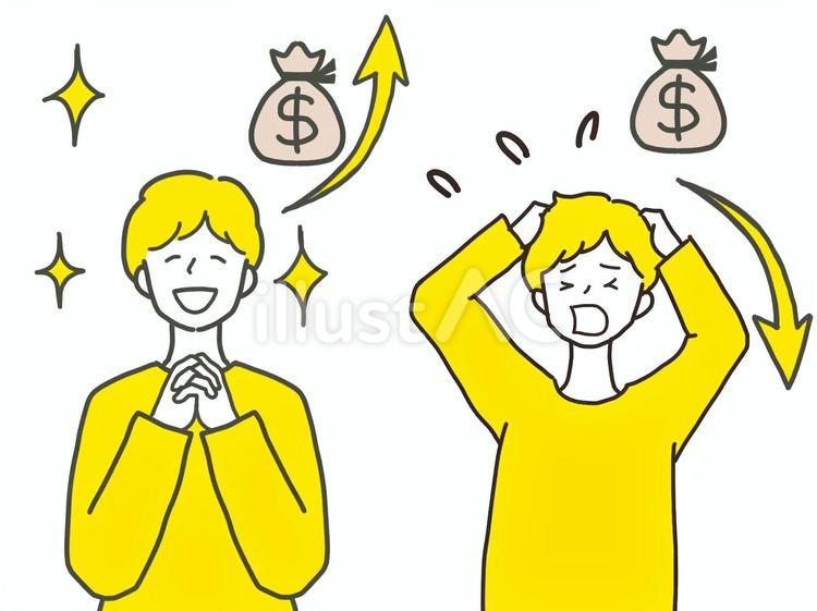 お金が増えて嬉しい男性と減って悲しい男性 男性,お兄さん,お金のイラスト素材