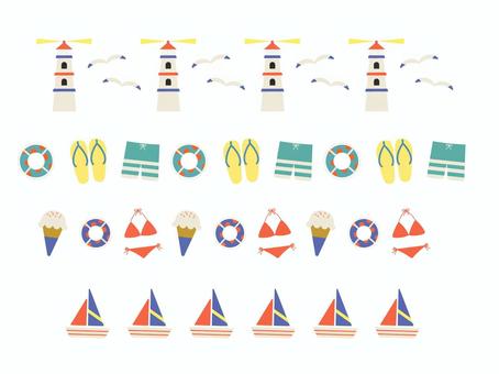 夏の海イメージ　イラスト罫線セット 夏,夏休み,海,夏アイコン,海アイコン,夏休みアイコン,夏祭り,灯台,罫線,カモメのイラスト素材