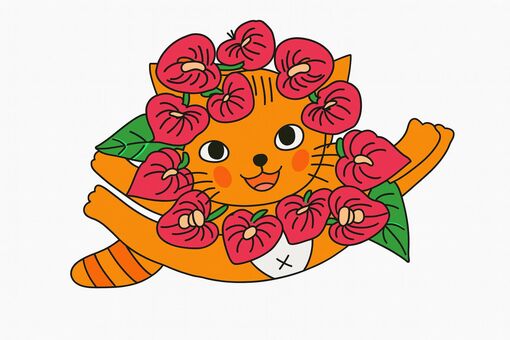 花冠をまとう猫　赤 猫,三毛,空飛ぶ猫,かわいい,ゆるい,萌え,ファンシー,コミカル,カラフル,オリジナルキャラのイラスト素材