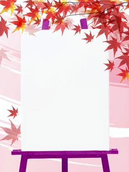 紅葉とイーゼル　リアル　fr124　縦 紅葉,もみじ,葉,イーゼル,キャンバス,リアル,ナチュラル,フレーム,ヤマモミジ,美しいのイラスト素材