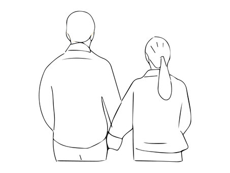 モノクロの寄り添うカップルの後ろ姿 カップル,男女,後ろ姿,手繋ぎ,寄り添う,2人,歩く,人物,デート,手書きのイラスト素材