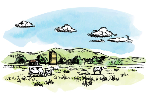 牧場　風景　 牧場,ファーム,牛,山,サイロ,景色,北海道,線画,スケッチ,手描きのイラスト素材