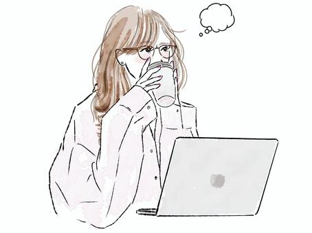 PCの前で考えるロングヘア眼鏡シャツ女性 女性,仕事,考える,人物,めがね,シャツ,頬杖,肘,飲む,持つのイラスト素材