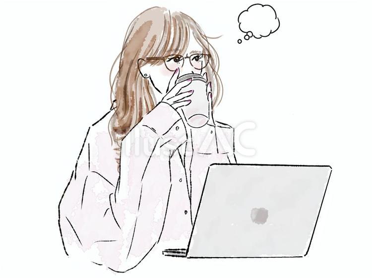PCの前で考えるロングヘア眼鏡シャツ女性 女性,仕事,考えるのイラスト素材