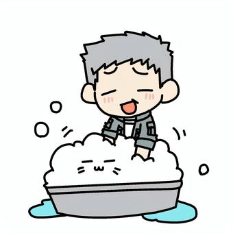 デレデレ猫を洗うおじいさん おじいさん,猫,洗う,デレデレ,好き,可愛がる,可愛い,キレイ,洗浄,泡のイラスト素材