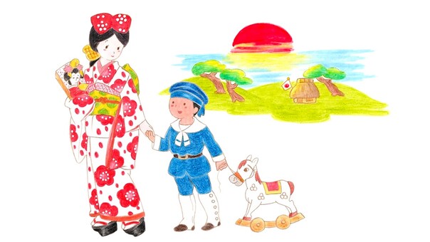 昔の子供と初日の出 お正月,正月,年賀状,馬,午,午年,女の子,男の子,着物,振袖のイラスト素材