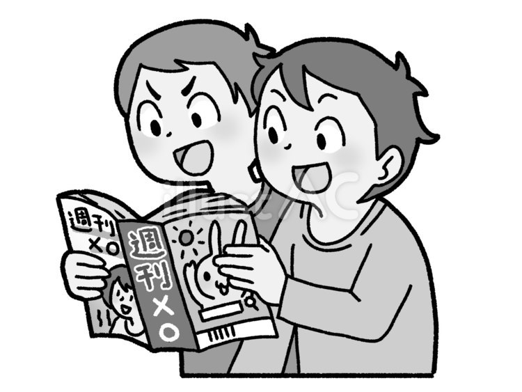 友達と漫画を読む【グレースケール】 漫画,雑誌,少年誌のイラスト素材