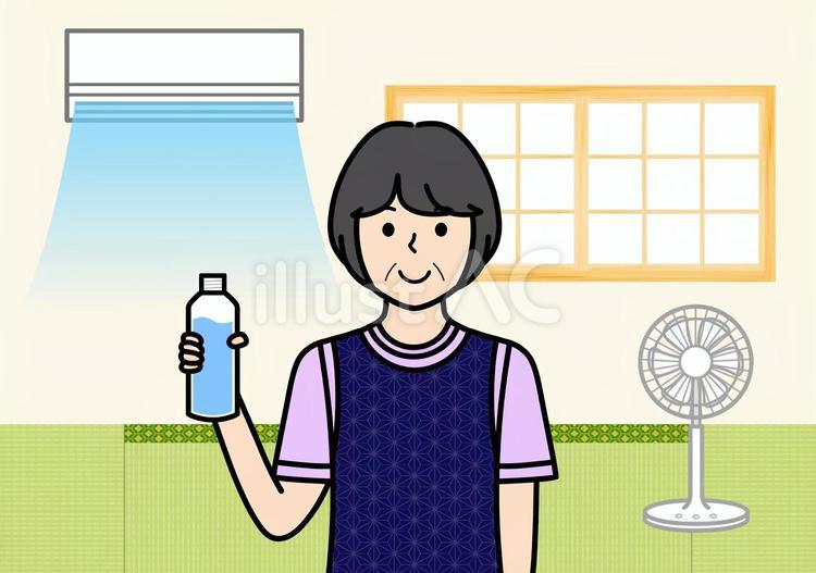 和室・室内熱中症予防対策をする高齢者女性 室内熱中症,部屋,エアコンのイラスト素材