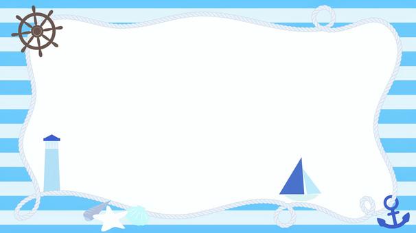 水色の爽やかな夏の海のフレーム 海,錨,舵,船,灯台,ストライプ,貝殻,綱,枠,額のイラスト素材