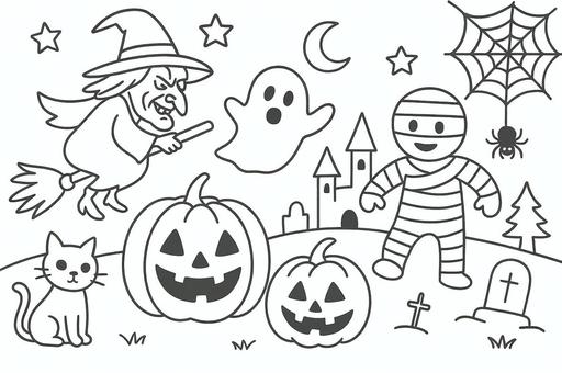 魔女とミイラのハロウィンぬりえ