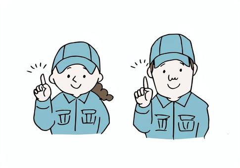 指差しポーズの作業服の男女 指差しポーズの作業服の男女 人物,若い,男性,女性,工場,物流,倉庫,作業着,作業員,帽子のイラスト素材
