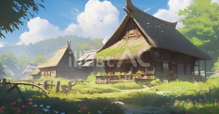 田舎の屋敷の外観 風景,和風,屋敷のイラスト素材