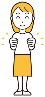  ロングヘア女性(黄)-135-全身 ガッツポーズ,女性,女の子,人物,かわいい,応援,喜ぶ,笑顔,表情,感情のイラスト素材