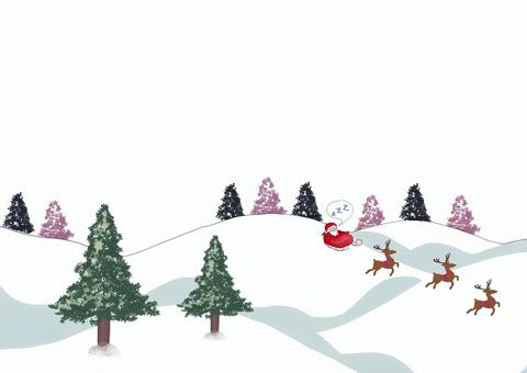 クリスマス（居眠りサンタとトナカイ） サンタクロース,トナカイ,クリスマスツリー,雪山,油絵,水彩,冬,クリスマスのイラスト素材