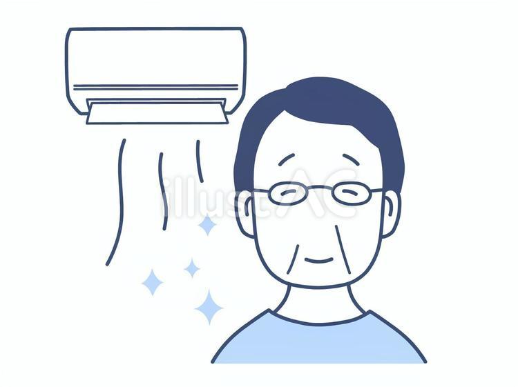 エアコンで涼しむシニアの男性のイラスト クーラー,熱中症,対策のイラスト素材