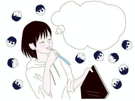 タブレットを持つ女性と吹き出し 推し,推し活,創作,想像,妄想,女性,黒髪,タブレット,ペン,ミニキャラのイラスト素材