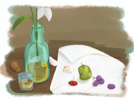 豊かさ 豊かさ,絵画,ボトル,グラス,花,りんご,なし,ぶどう,果物,布のイラスト素材