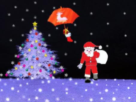クリスマス・サンタがやってくる クリスマス,冬,12月,サンタクロース,プレゼント,夜,夜空,雪,クリスマスツリー,クリスマス飾りのイラスト素材