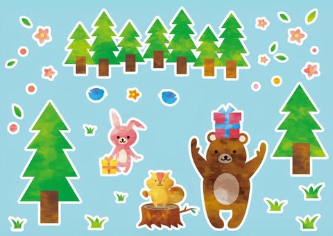 Forest birthday party (with white border), rabbit, bear, squirrel, JPG, PNG and AI