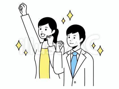 スーツ姿でやる気を出して拳をあげる男女