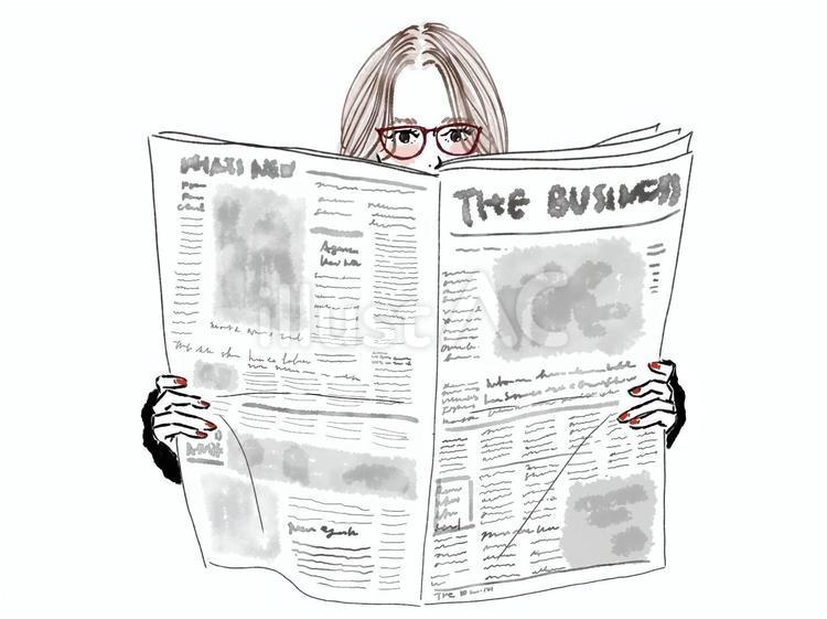 新聞を読むメガネのおしゃれな女性 女性,新聞,めがねのイラスト素材